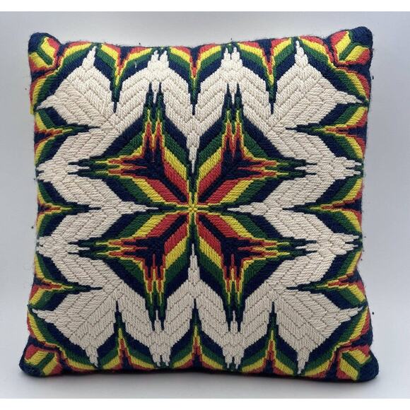 Vtg Geometric Retro Rainbow Star Needlepoint Throw Pillow 1970s 13" - Picture 1 of 5